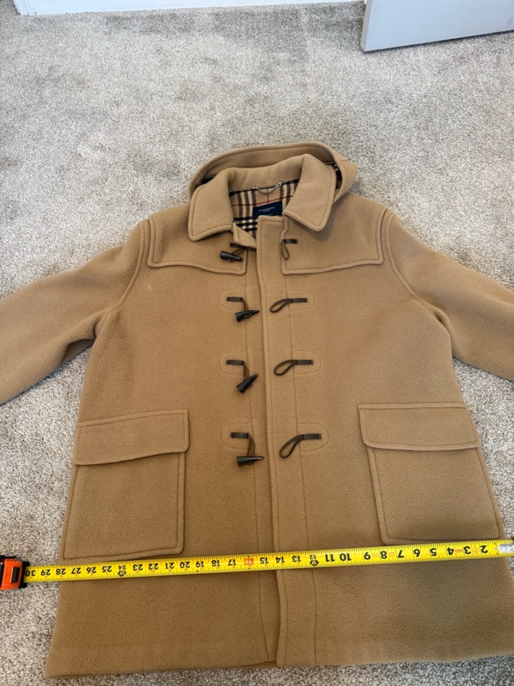 Burberry Camel Wool Pea Coat with Signature Check Lining - Picture 13 of 14